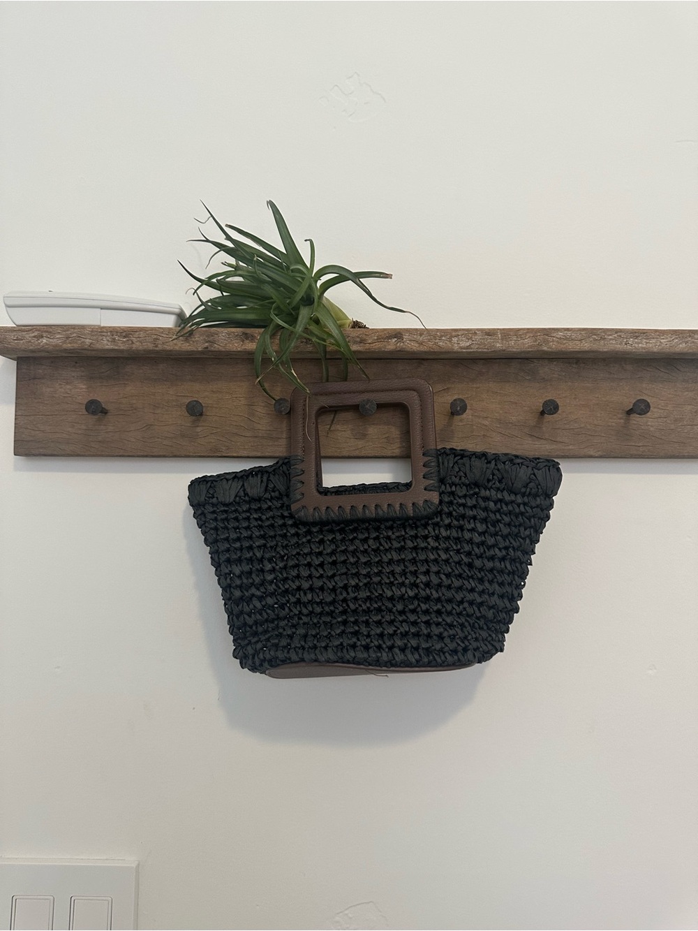 Woven Straw Tote Bag with Brown Square Handles - Black